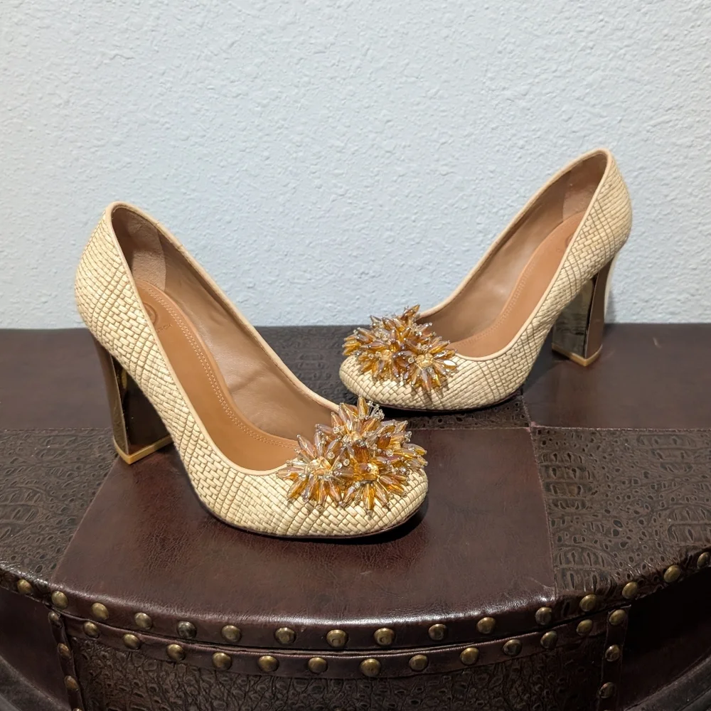Tory Burch Metallic Kendra Raffia Pump Heels size 9.5